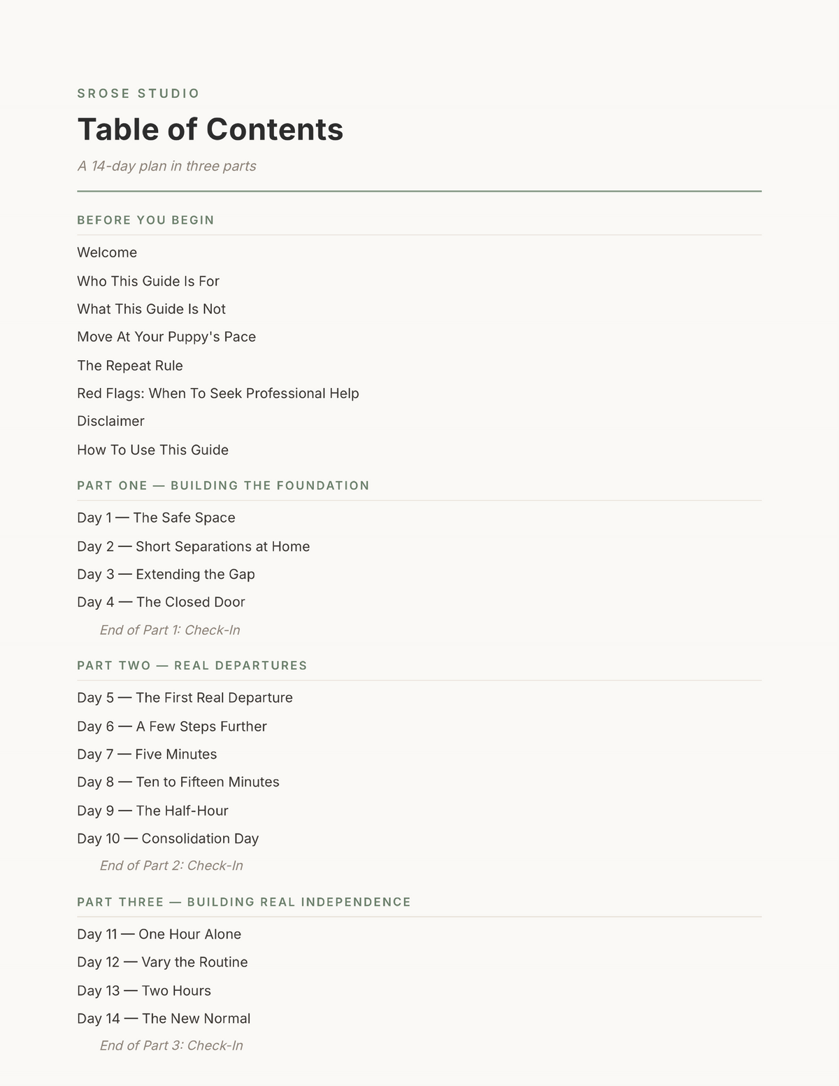 Table of contents showing the 14-day roadmap in three parts — The First Two Weeks Alone
