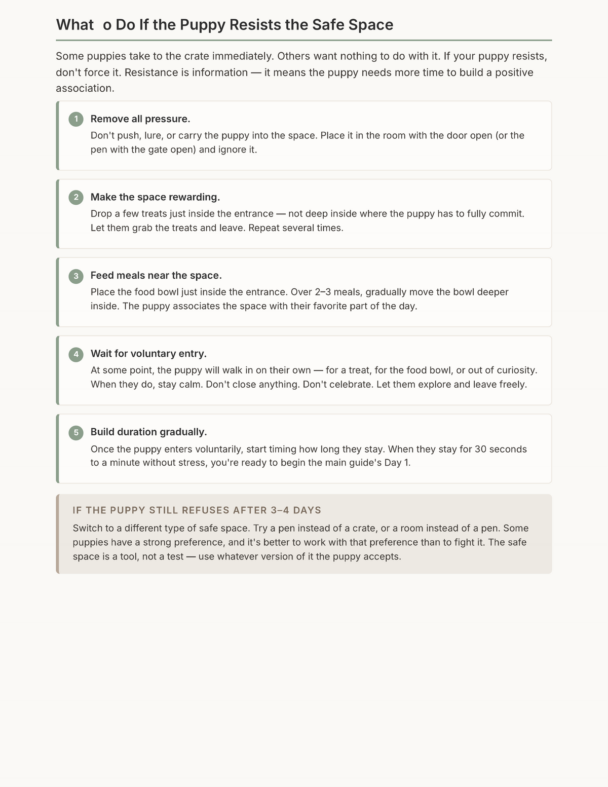 Safe Space / Crate Setup Companion — What to do if the puppy resists the safe space