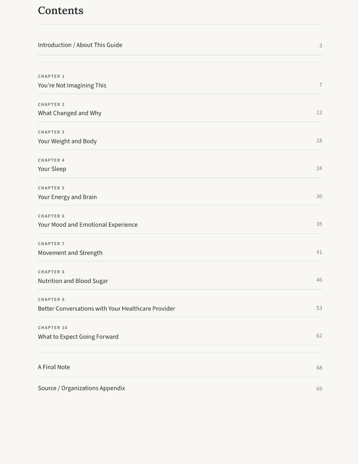 Table of contents showing the 10-chapter structure — The Perimenopause Reset Core Guide