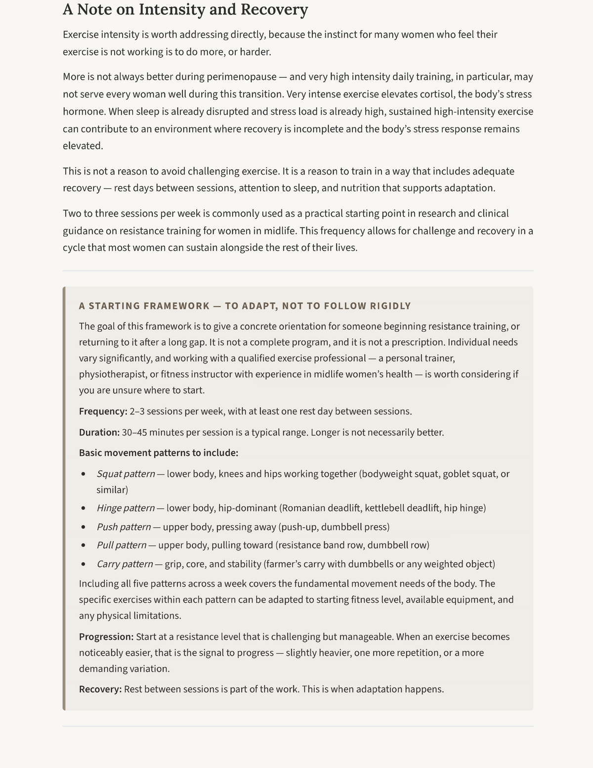 A Starting Framework for resistance training, with movement patterns and progression guidance — The Perimenopause Reset Core Guide