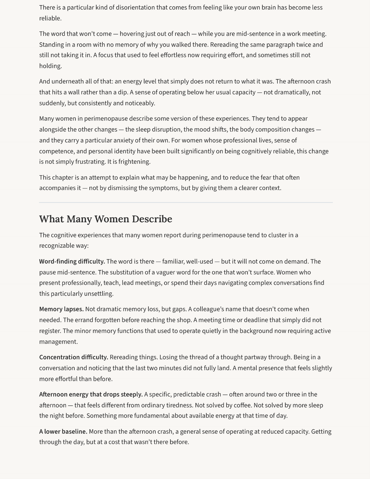 What many women describe: word-finding difficulty, memory lapses, concentration difficulty, afternoon energy crash — The Perimenopause Reset Core Guide