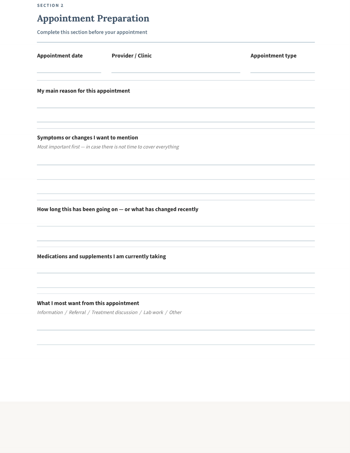 Appointment Preparation worksheet — main reason, symptoms, timeline, medications — Perimenopause Appointment Guide