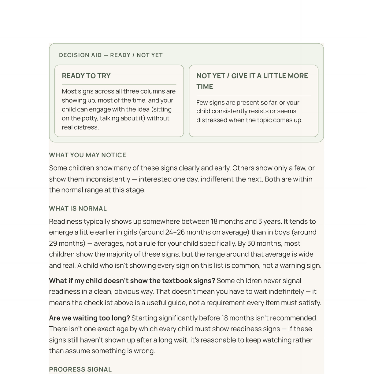 MOBILE CROP for: Core Guide — READY / NOT YET decision aid — Stage 0, The Potty Training Compass Core Guide