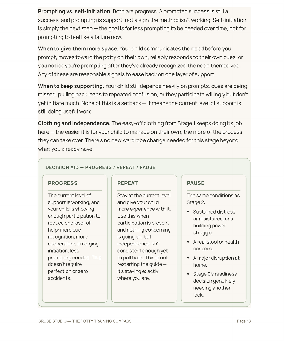 MOBILE CROP for: Core Guide — PROGRESS / REPEAT / PAUSE decision aid — Stage 3, The Potty Training Compass Core Guide