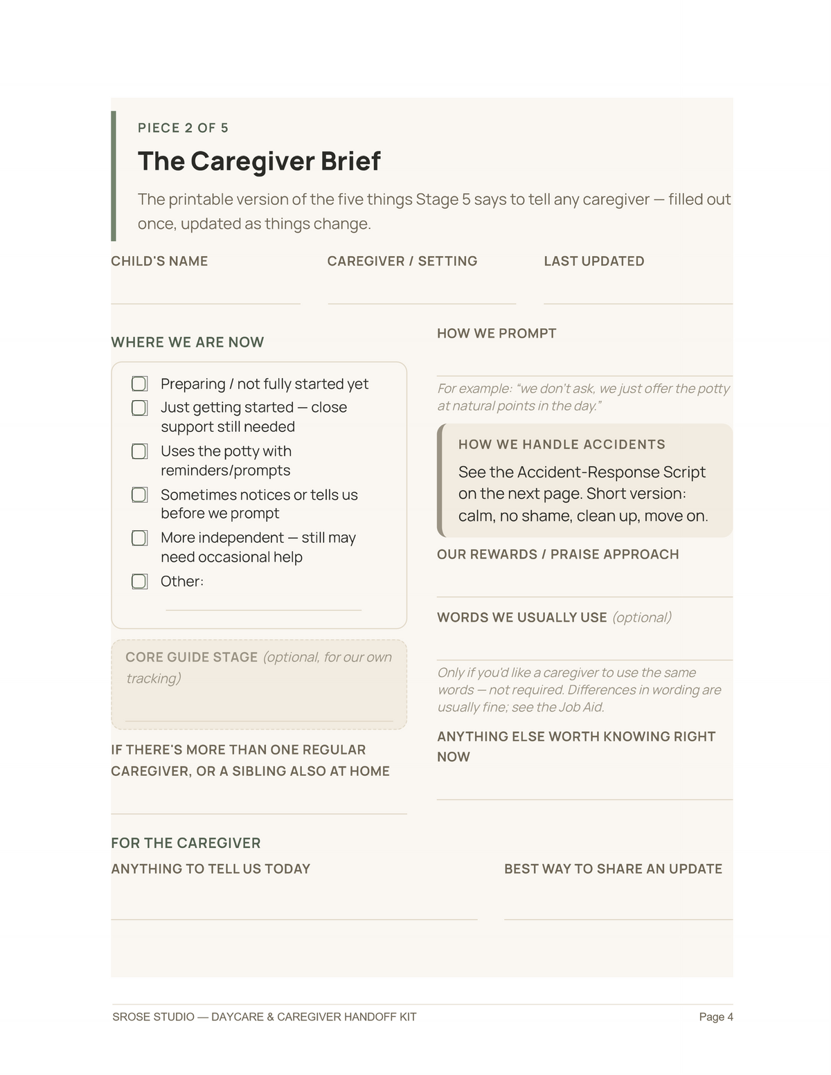 Premium Tool — The Caregiver Brief — fillable daycare handoff form, Daycare & Caregiver Handoff Kit