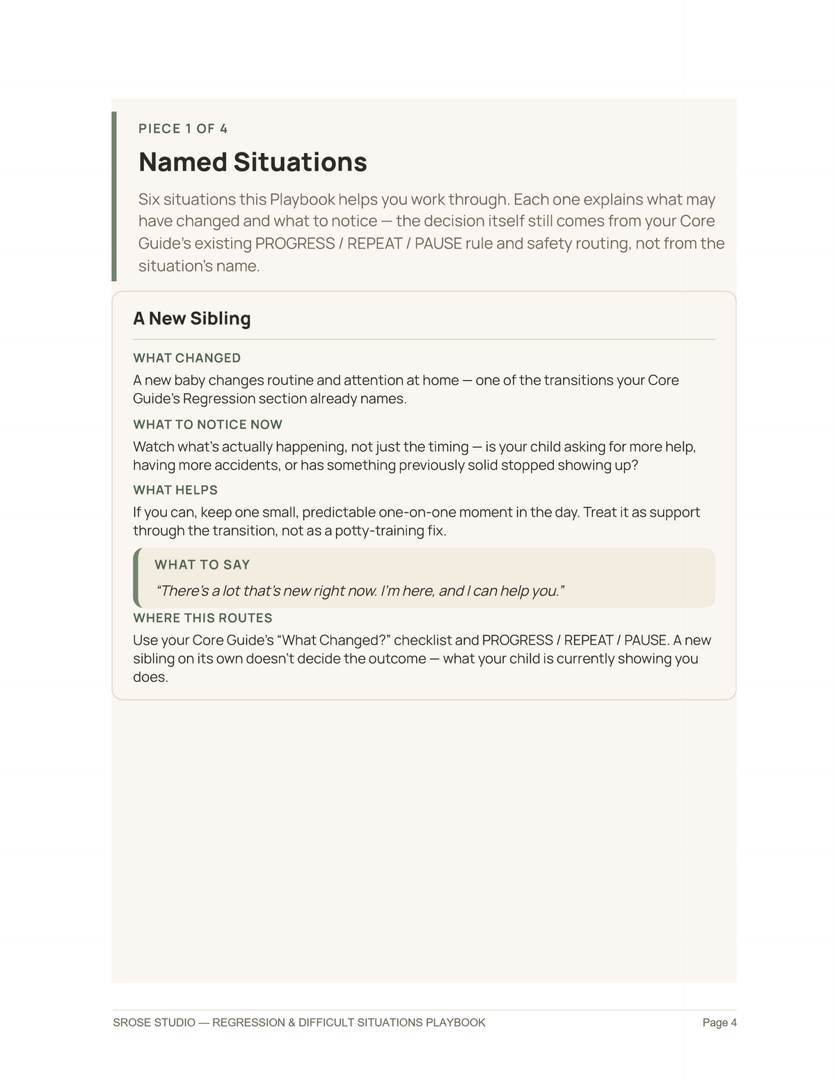 Premium Tool — A New Sibling — named-situation scenario card, Regression & Difficult Situations Playbook