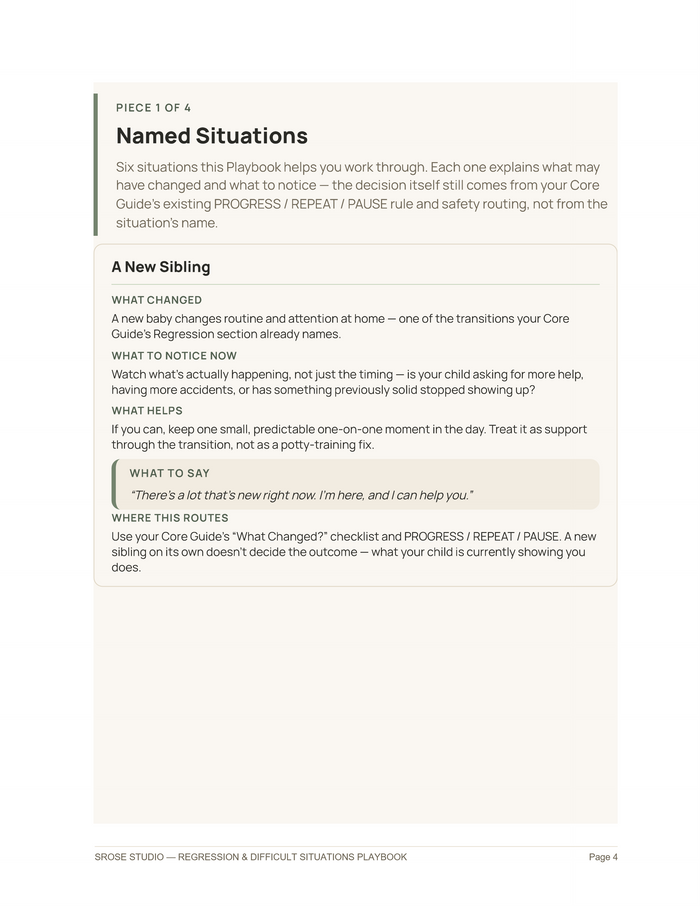 Premium Tool — A New Sibling — named-situation scenario card, Regression & Difficult Situations Playbook